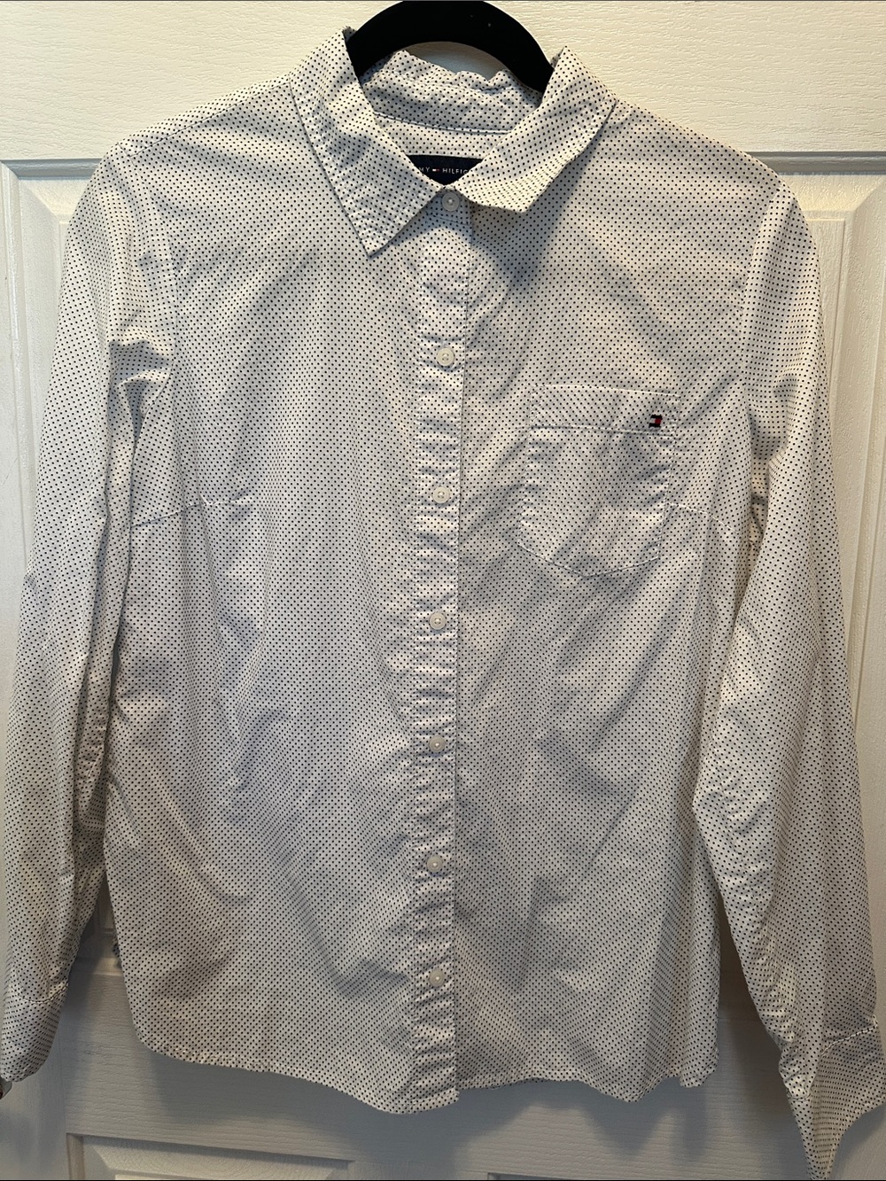 Tommy Hilfiger White Button-Down Shirt 100% Cotton Tiny Navy Dot Pattern Size S